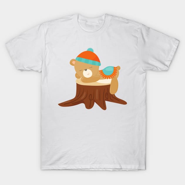 Autumn Bear, Sleeping Bear, Cute Bear, Tree Stump T-Shirt by Jelena Dunčević